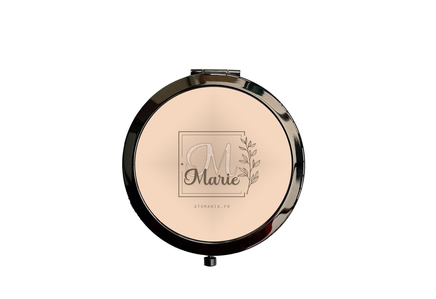 Miroir de Poche Personnalisable en Métal Noir – Design Élégant avec Initiale et Prénom Imprimé