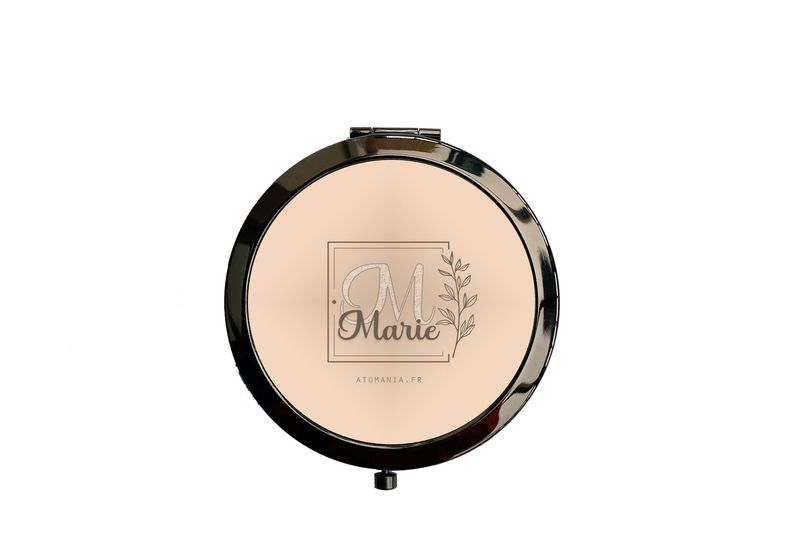 Miroir de Poche Personnalisable en Métal Noir – Design Élégant avec Initiale et Prénom Imprimé