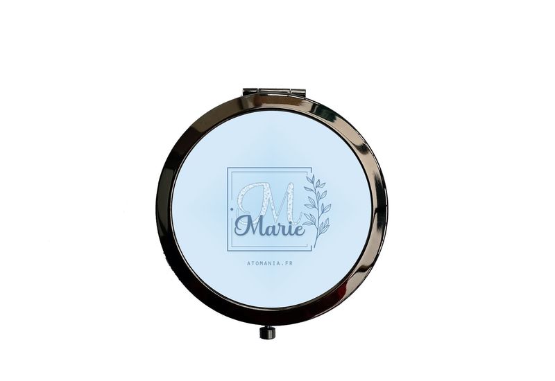 Miroir de poche personnalisable en métal noir – Design élégant avec note florale et initiale imprimée