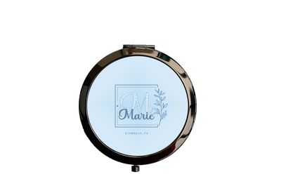 Miroir de poche personnalisable en métal noir – Design élégant avec note florale et initiale imprimée