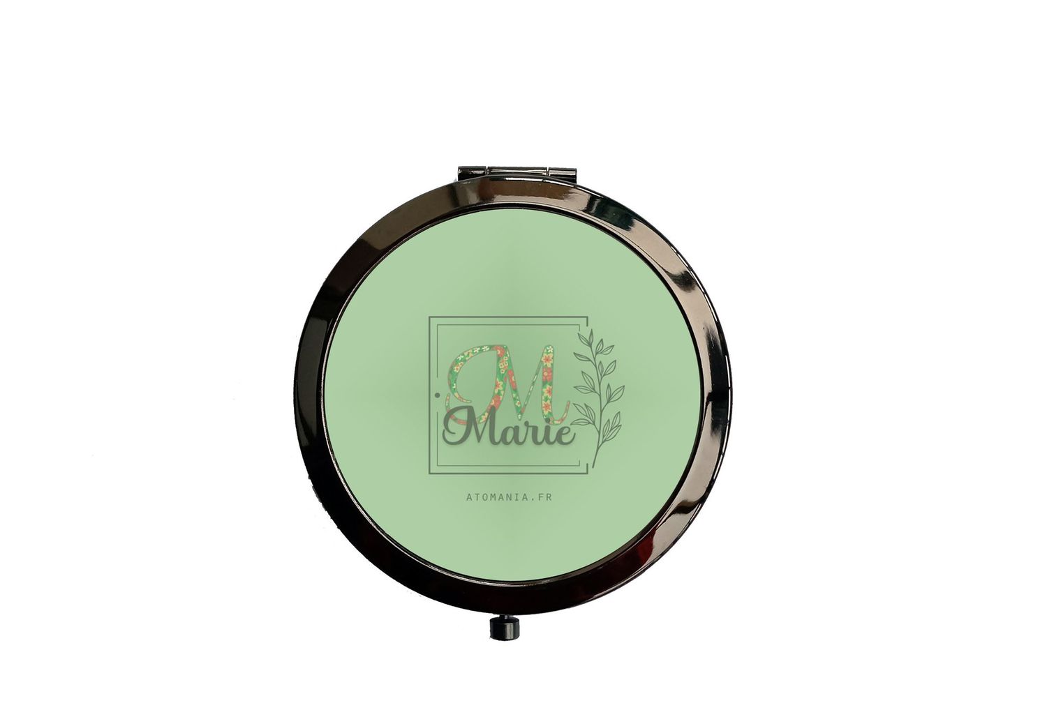 Miroir de poche personnalisable en métal noir – Design élégant avec note florale et initiale imprimée sur fond vert