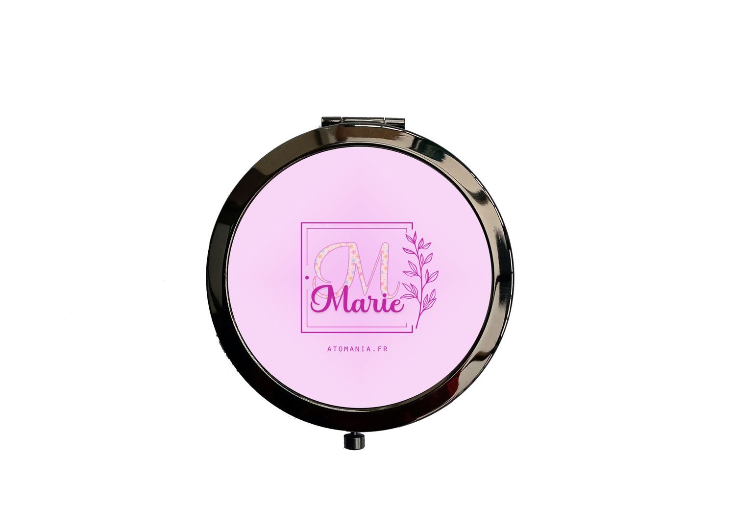 Miroir de poche personnalisable en métal noir – Design élégant avec note florale et initiale gravée sur fond rose