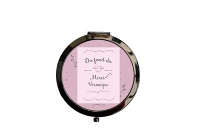 Miroir de poche personnalisable en métal noir – Design élégant avec ornements floraux sur fond rose
