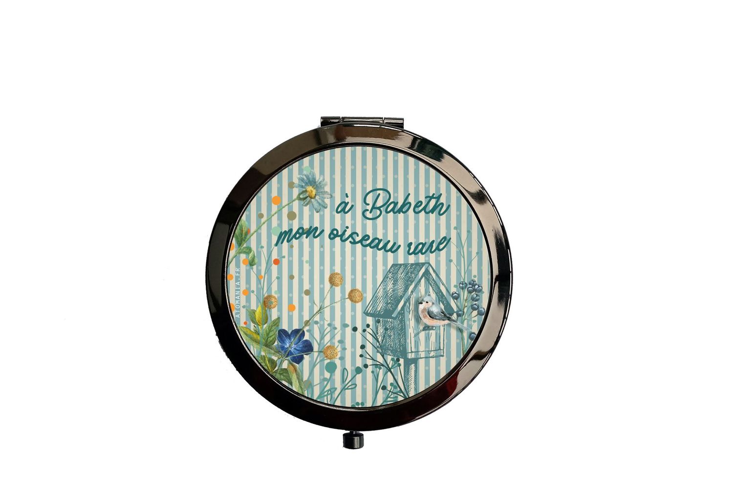 Miroir de poche à double face en métal noir avec oiseau sur nichoir – Accessoire élégant et personnalisé