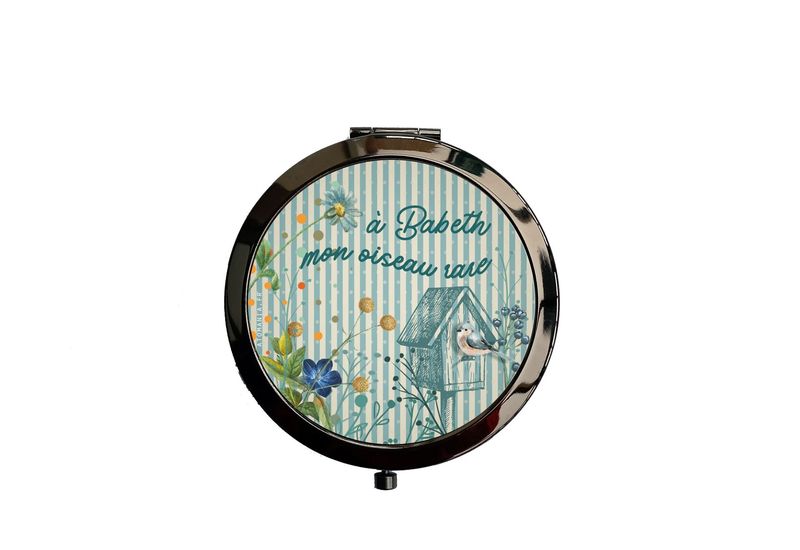 Miroir de poche à double face en métal noir avec oiseau sur nichoir – Accessoire élégant et personnalisé
