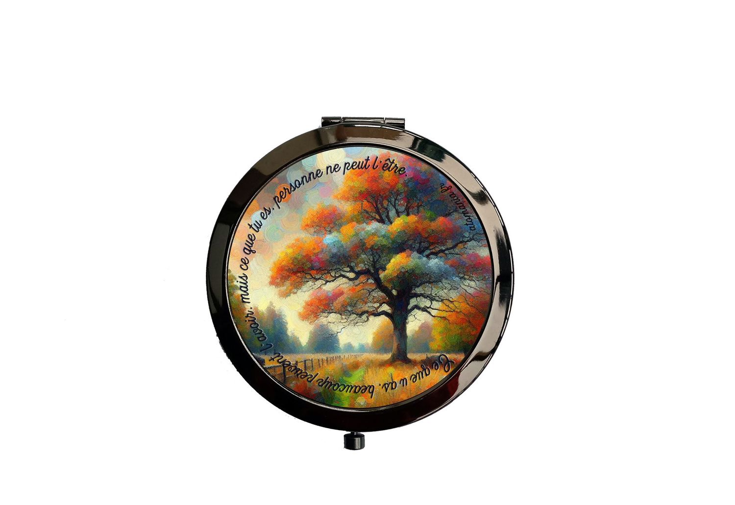 Miroir de poche en métal noir Atomania - Design arbre coloré avec message inspirant "Ce que tu es, personne ne peut l’être"