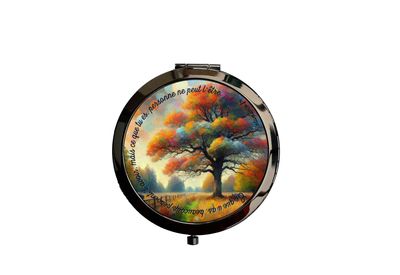 Miroir de poche en métal noir Atomania - Design arbre coloré avec message inspirant "Ce que tu es, personne ne peut l’être"