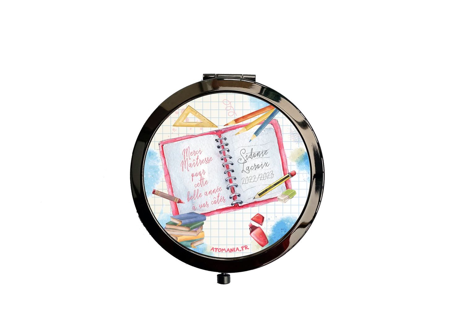 Miroir de Poche Personnalisé Atomania en Métal Noir – Cadeau Scolaire Élégant avec Design Aquarelle