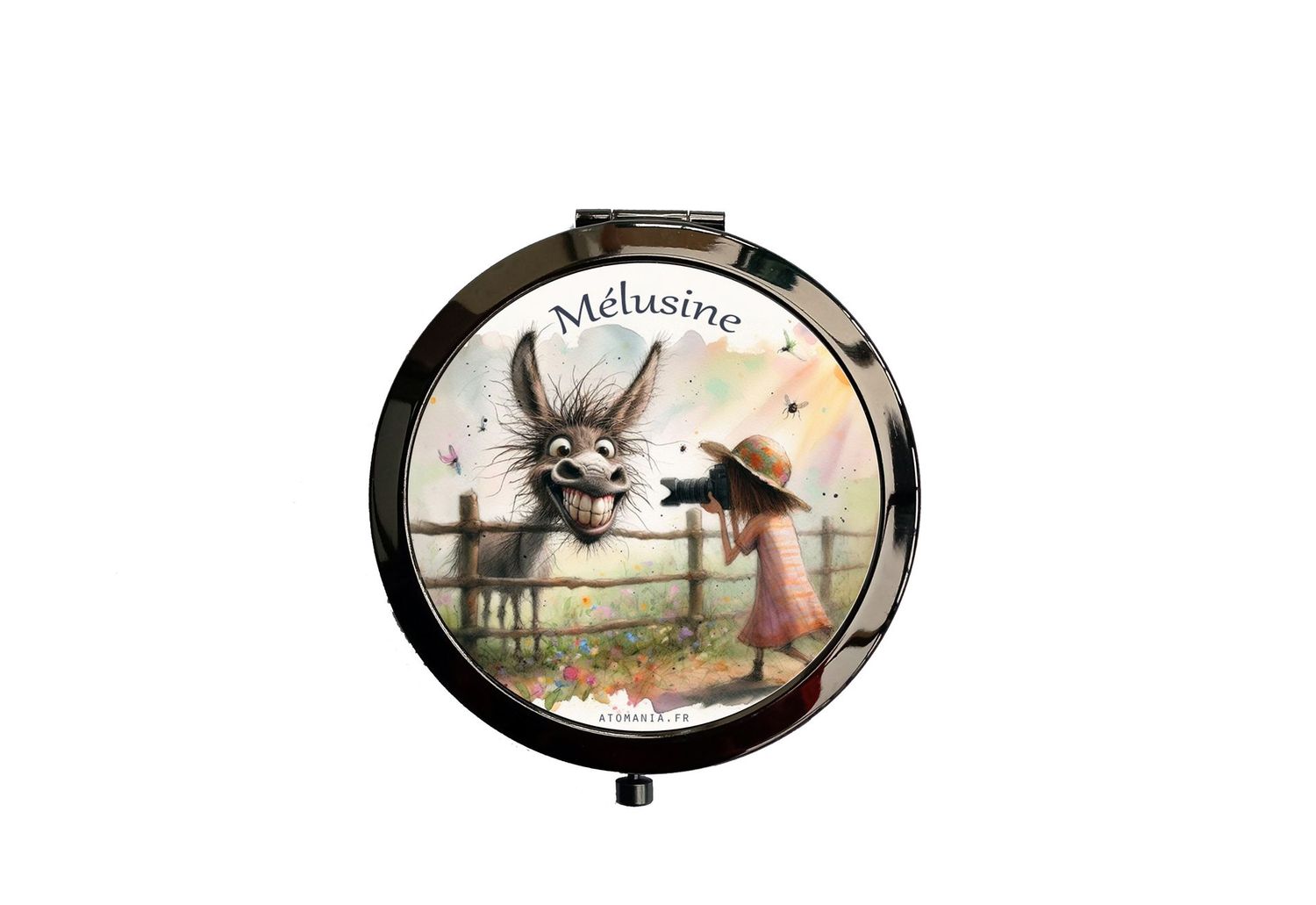 Miroir de Poche Humoristique en Métal Noir Cadeau Original pour Amateurs de Photographie et d'Animaux – Fabrication Artisanale Française par Atomania