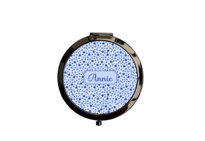 Miroir de Poche Personnalisable Petite Fleur Bleue, 7 cm, Métal Noir, Fait Main en France, Cadeau Unique et Élégant
