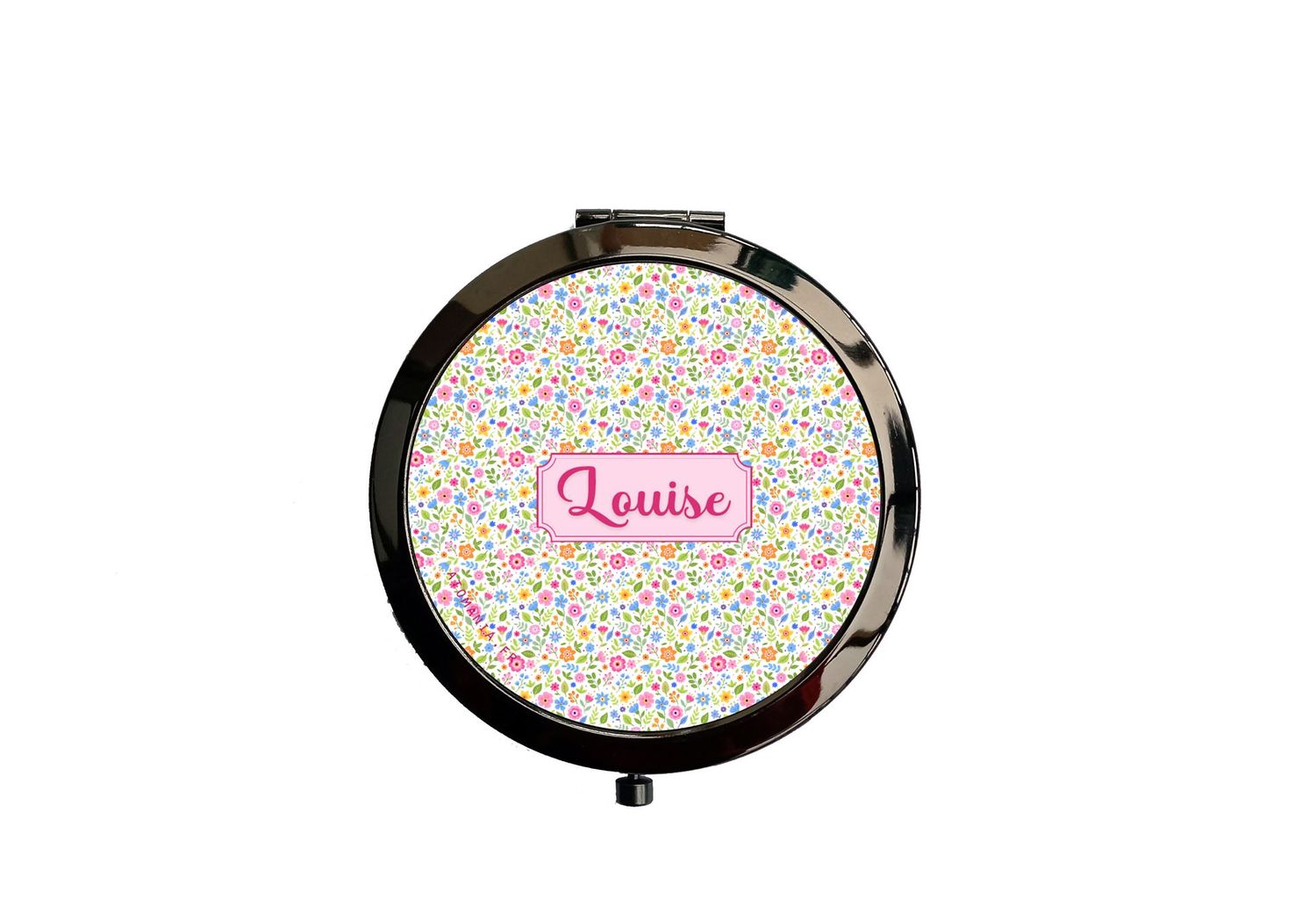 Miroir de Poche Personnalisable « Petite Fleur Fuchsia » – Élégance et Praticité en Métal Noir