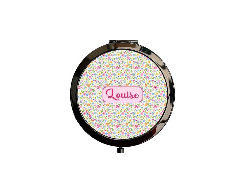 Miroir de Poche Personnalisable « Petite Fleur Fuchsia » – Élégance et Praticité en Métal Noir