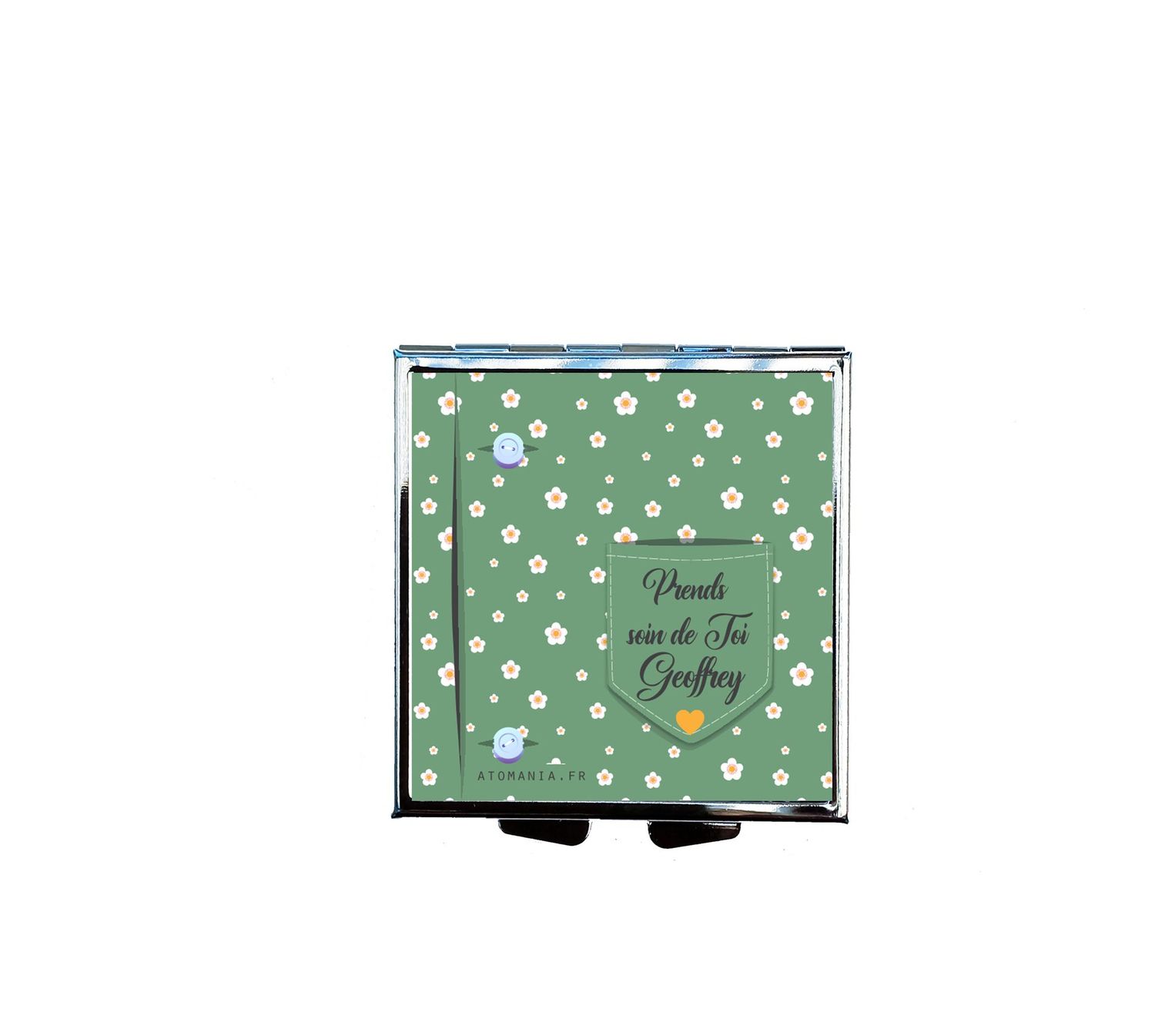 Pilulier Personnalisable "Prends soin de toi" – Cadeau Original et Élégant pour Homme, Illustré d'une Chemise Verte à Fleurs et Prénom Personnalisé ??