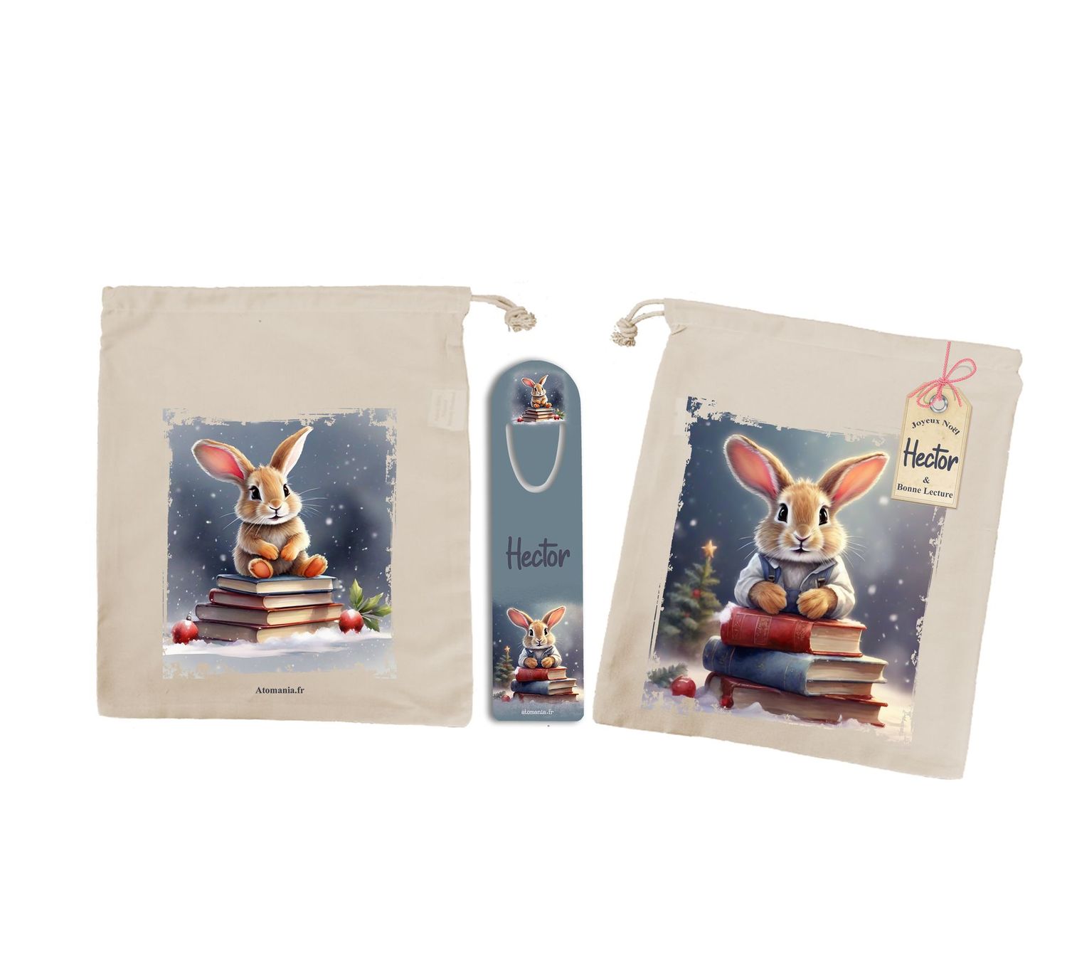 Sac à Livre Enfant Personnalisé avec Marque-Pages "Lapins Lecteurs" | Cadeau Magique pour Petits Explorateurs de Contes ?✨