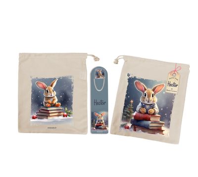 Sac à Livre Enfant Personnalisé avec Marque-Pages "Lapins Lecteurs" | Cadeau Magique pour Petits Explorateurs de Contes ?✨
