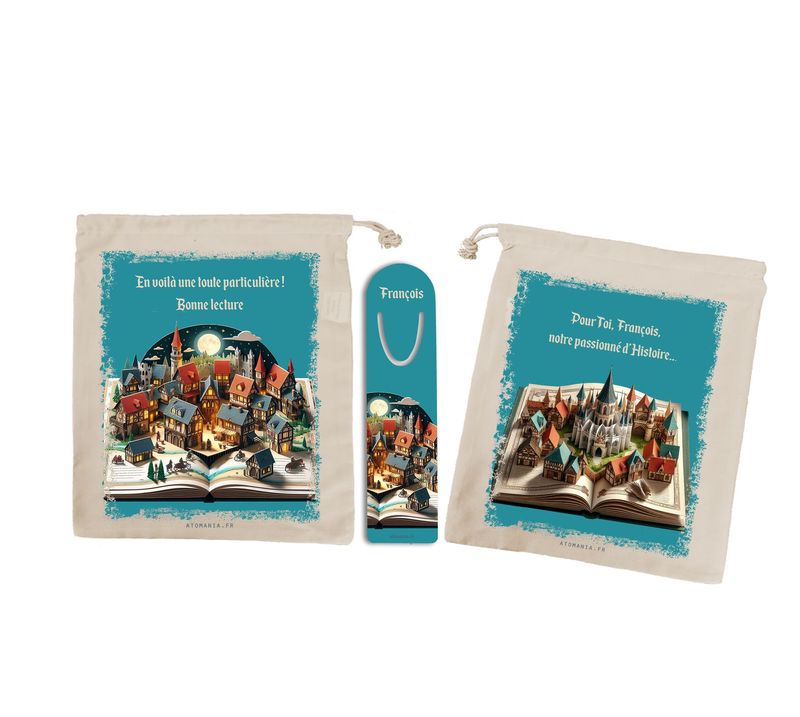 Sac à Livre Personnalisé « Livre d’Histoire » & Marque-Pages Assorti, Motif Village Médiéval, Personnalisation Prénom ?
