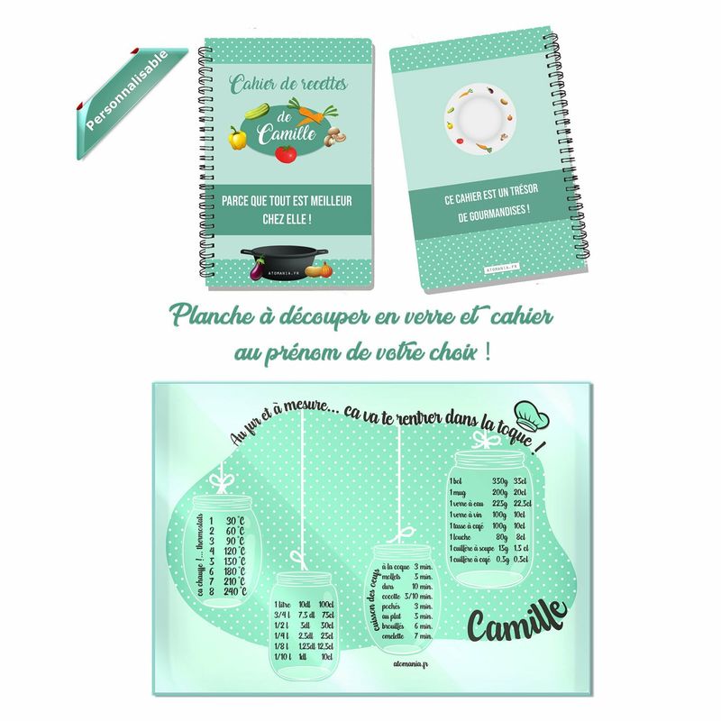 Au fur et à mesure, ça va te rentrer dans la toque ! Planche à découper personnalisable Atomania en verre trempé accompagné de son cahier de recettes !