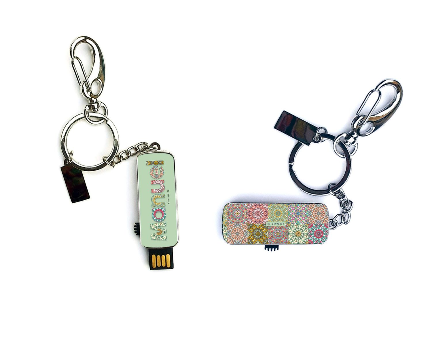 ? Clé USB porte-clé personnalisable – Prénom sur fond vert & mosaïque multicolore ?