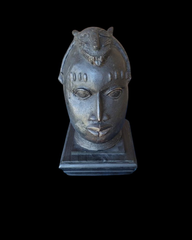 Benin Bronze Man & Leopard Head / West Africa