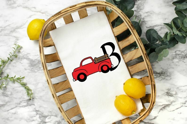 Old Truck Monogrammed Tea Towels, Vintage Truck Kitchen Towels
