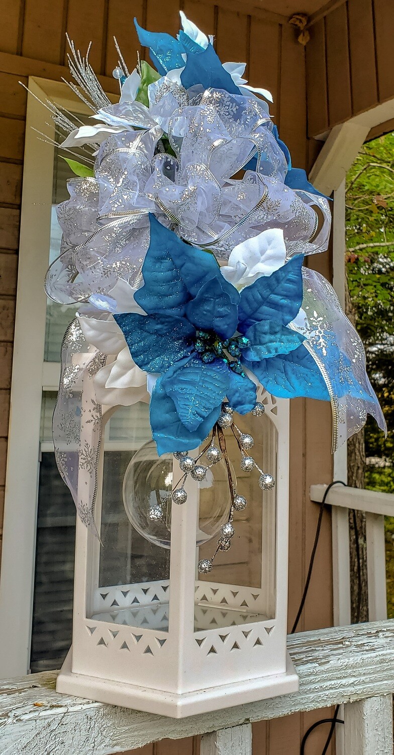 Blue and White Christmas Lantern with Swag