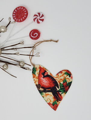 Heart Shaped Decoupaged Cardinal Christmas Ornament
