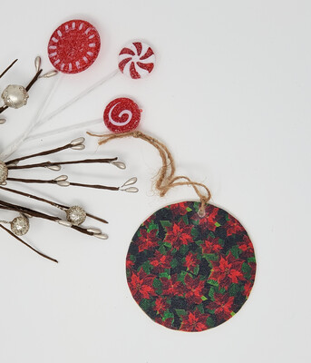 Poinsettia Decoupaged Wooden Disc Christmas Ornament