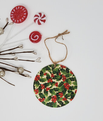 Holly Decoupaged Wooden Disc Ornament