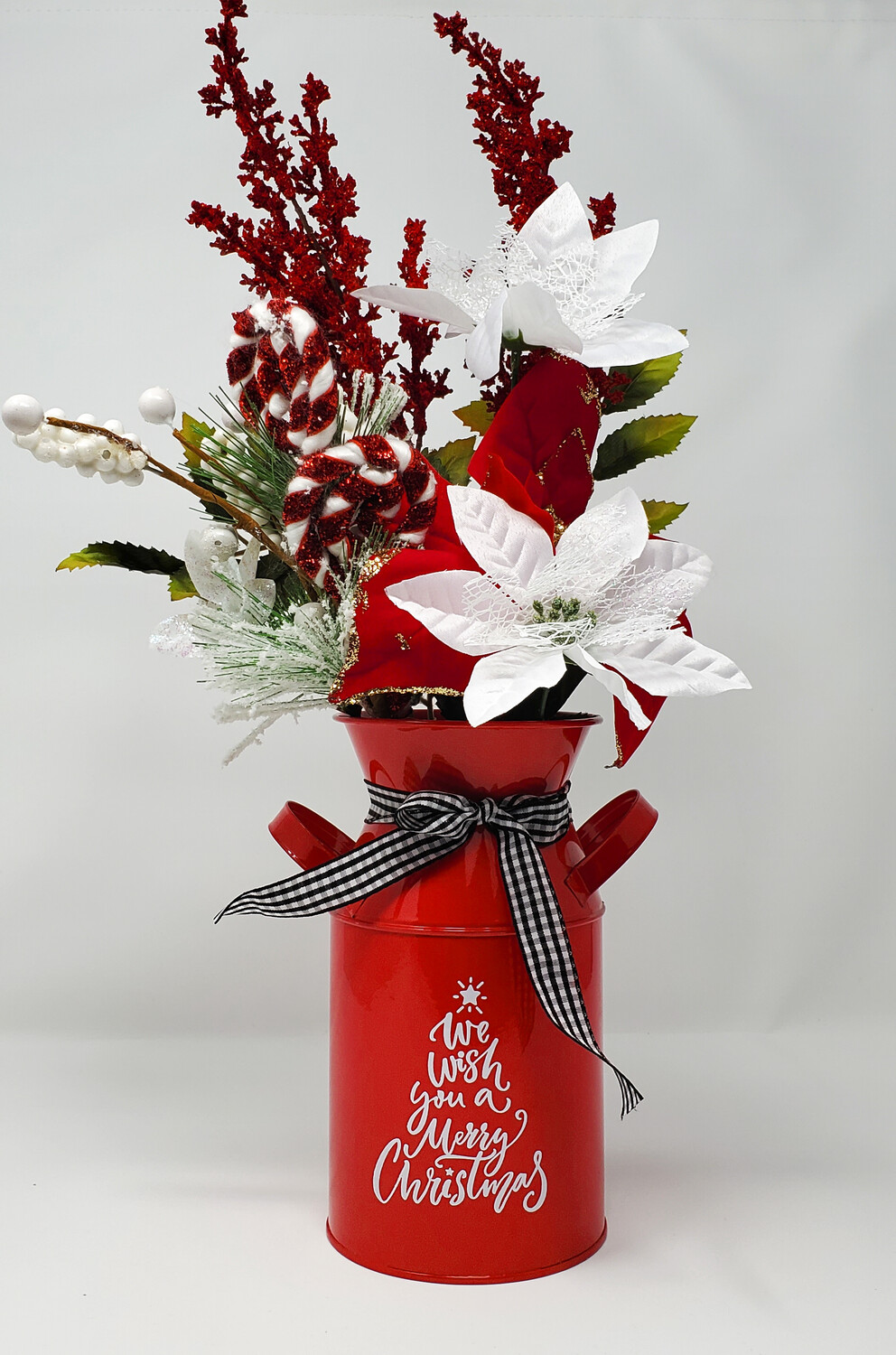Red Farmhouse Milk Jug Christmas Floral Arrangement