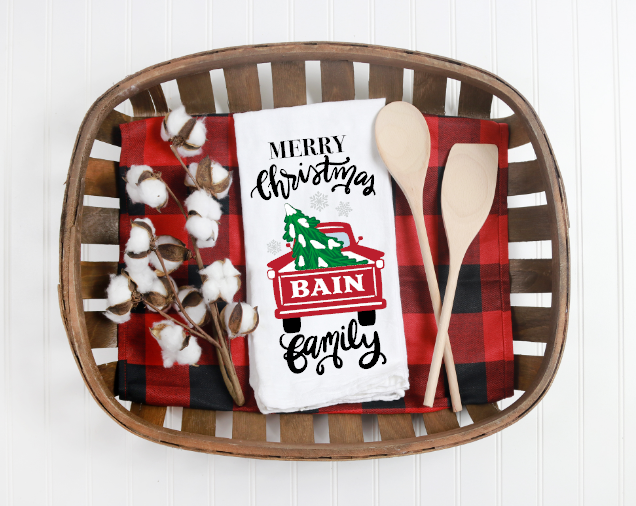 Red Truck Monogram Tea Towel, Christmas Kitchen Towel