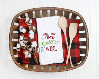 Christmas Time Mistletoe and Wine Tea Towel