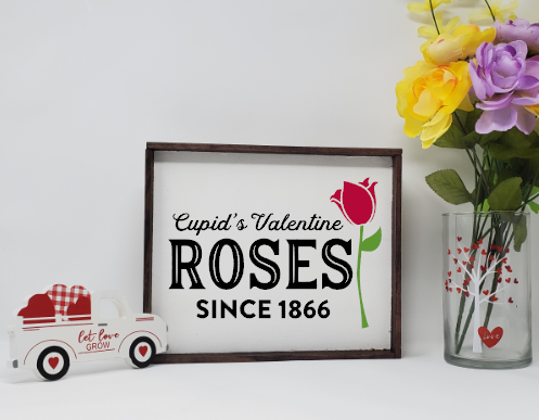 Cupid&#39;s Valentine Roses Wooden Farmhouse Sign