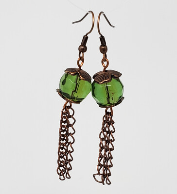 Forest Drop Earrings, Green Bead and Copper Earrings