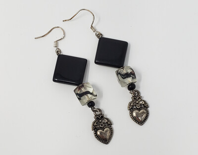 Black and Clear Heart Earrings