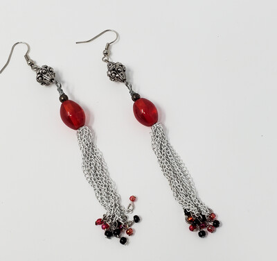 Red and White Chain Tassel Earrings