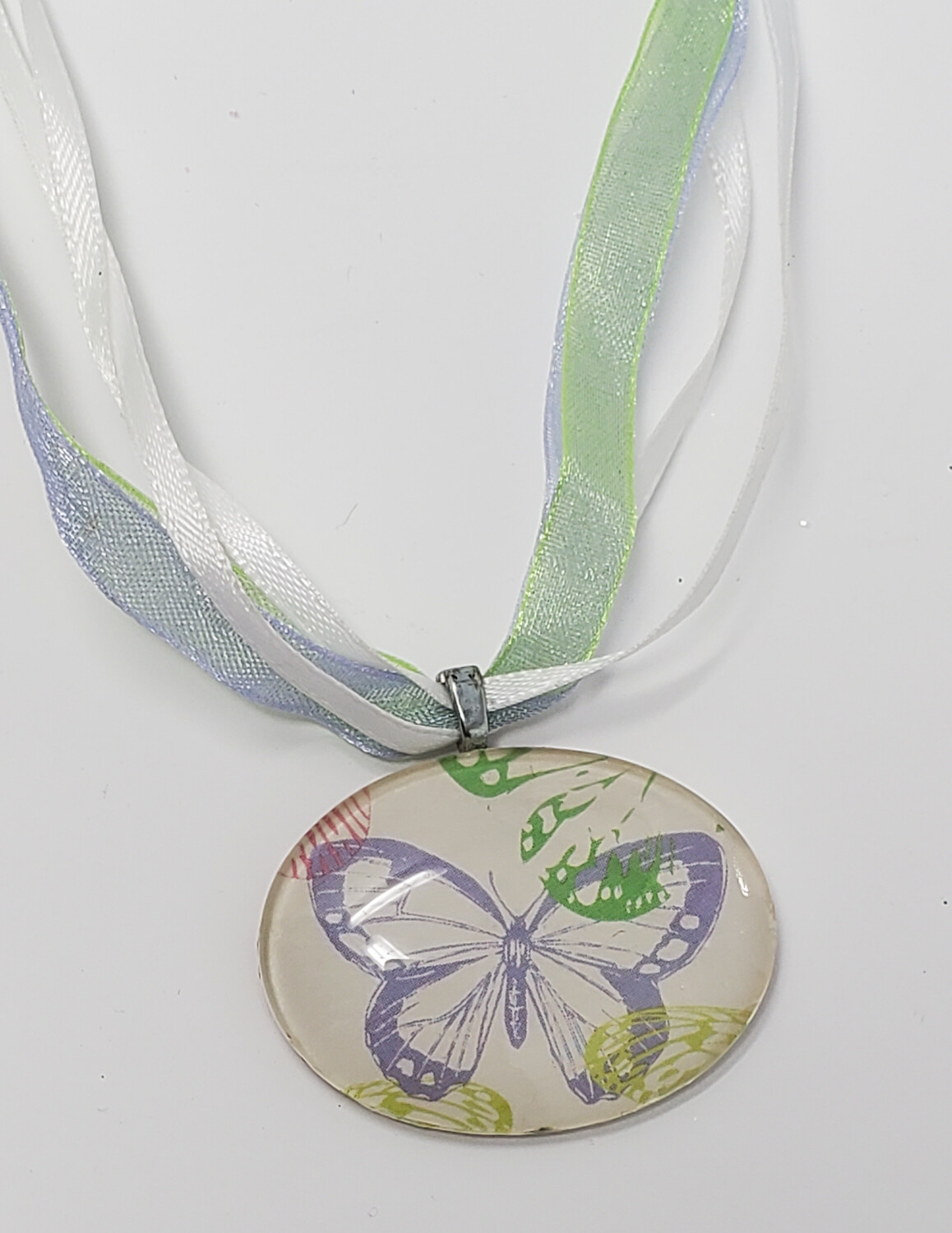 Lavender and Green Butterfly Ribbon Necklace