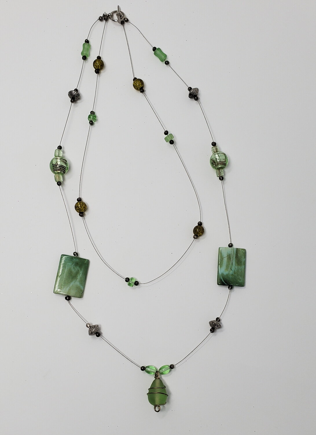 Green Double Strand Floating Beaded Necklace