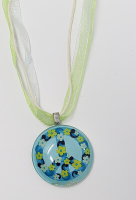 Green and Blue Peace Sign Ribbon Necklace