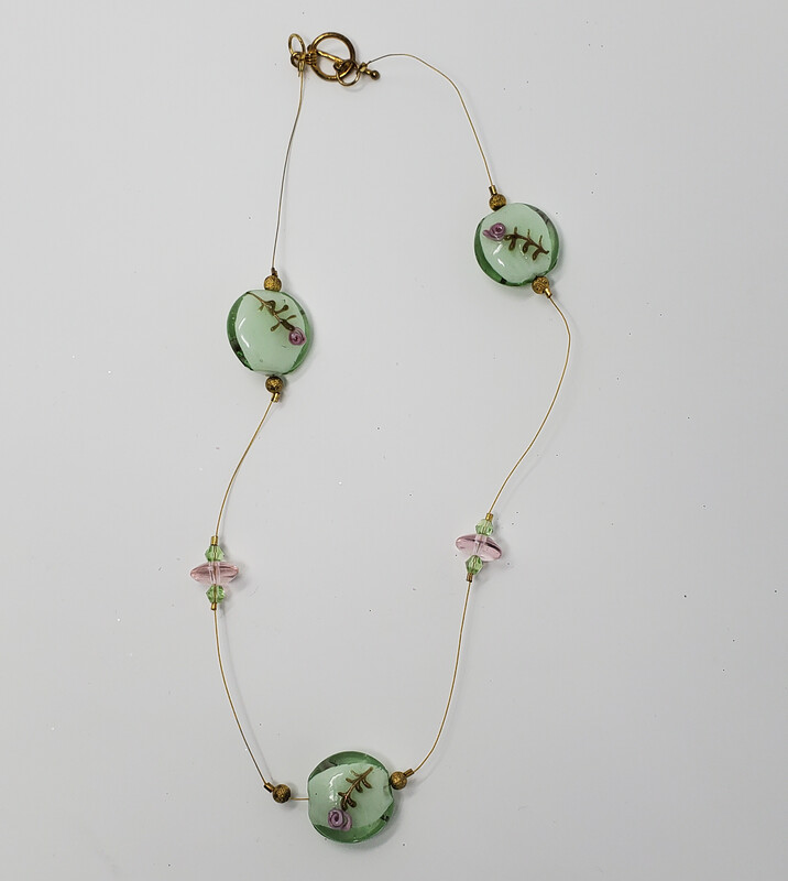 Green and Pink Floating Rose Beaded Necklace