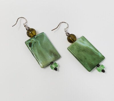 Handcrafted Green Beaded Rectangle Dangle Earrings