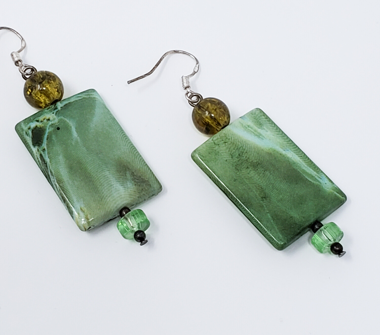 Handcrafted Green Beaded Rectangle Dangle Earrings, Make It A Set: Just the Earrings