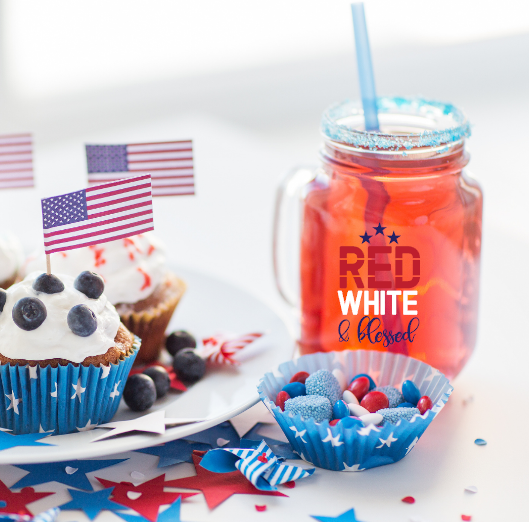 Red White Blessed Patriotic Mason Jar Glass