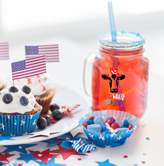 Red White and Moo Mason Jar Glass