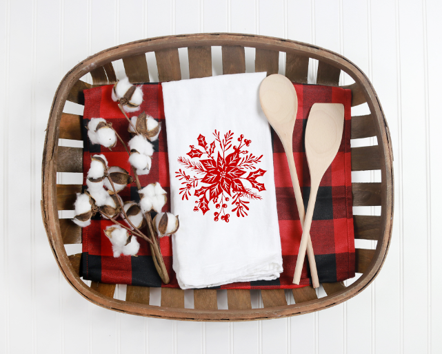 Christmas Poinsettia Snowflake Tea Towel