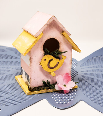 Pink and Yellow Spring Birdhouse, Tiered Tray Décor