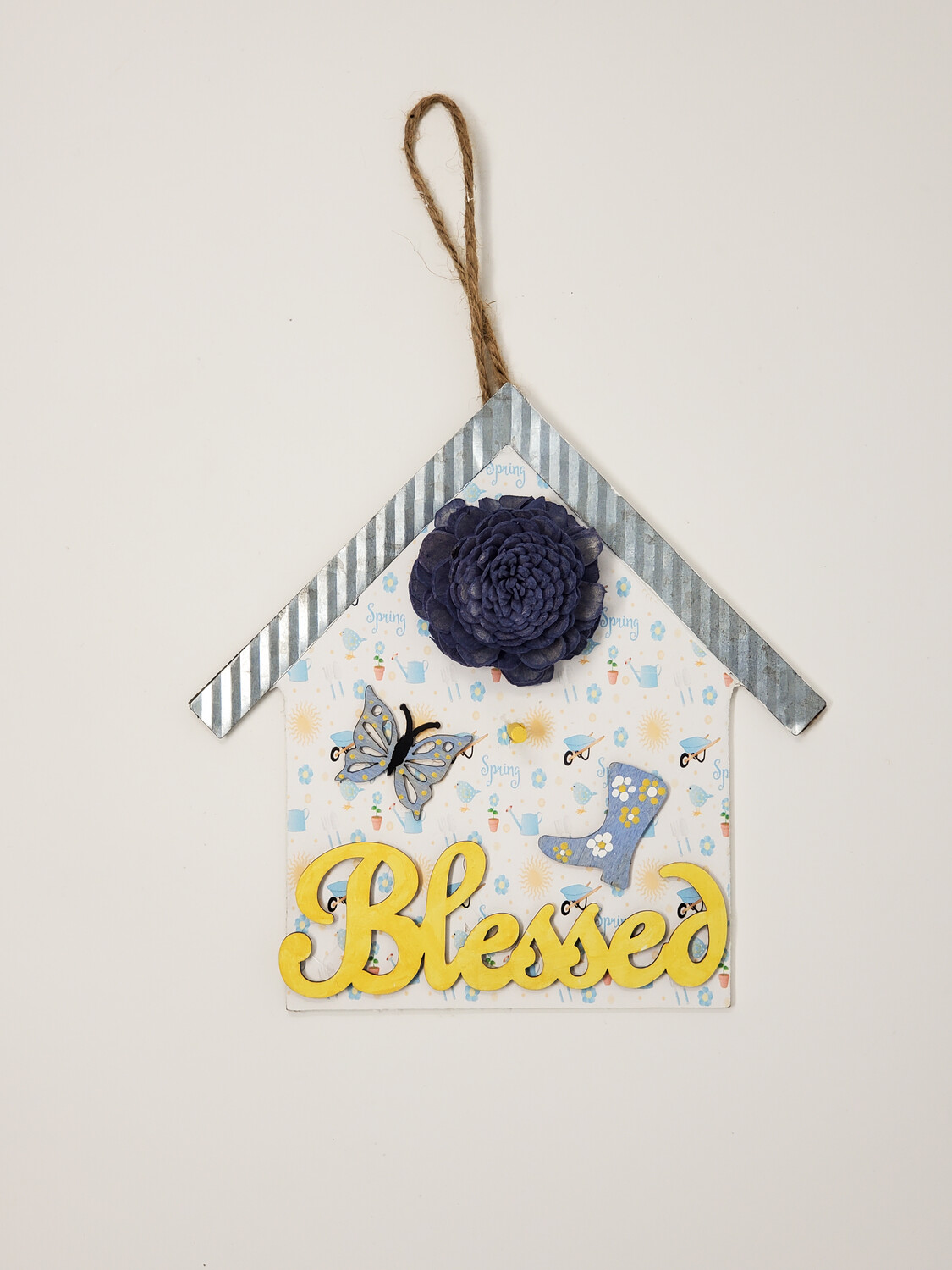 Blue and Yellow House Spring Door Hanger
