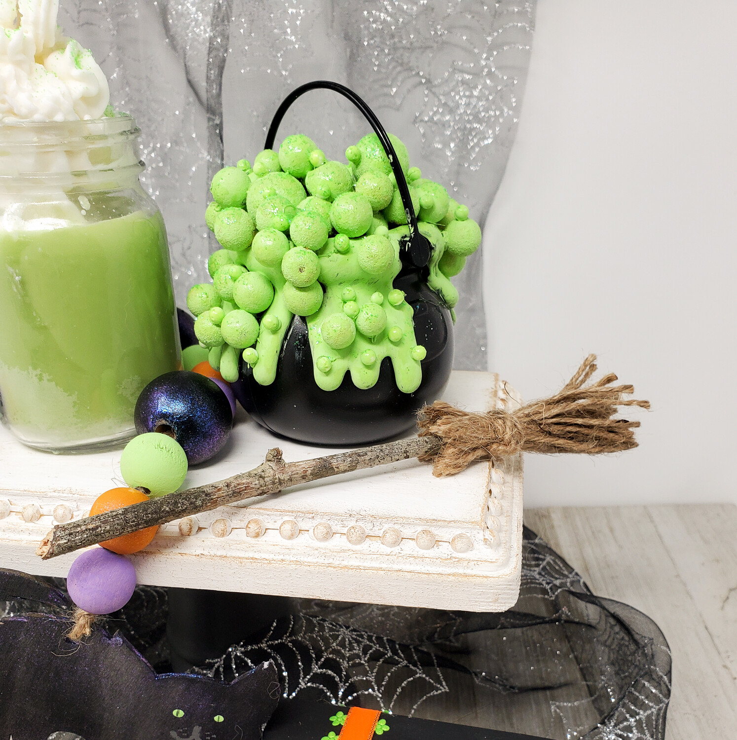 Halloween Witch Décor, Tiered Tray Set, Halloween Gift, Self Gift, Cauldron and Candle Color: Green