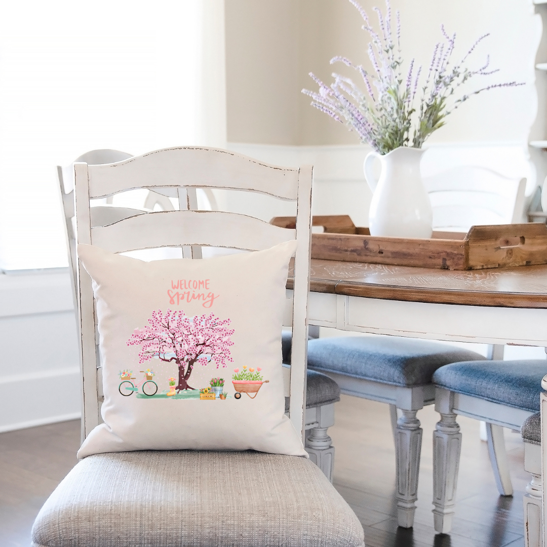Spring Throw Pillow Cover with Flowering Tree