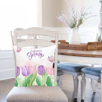 Purple Tulips and Butterflies Spring Throw Pillow Cover