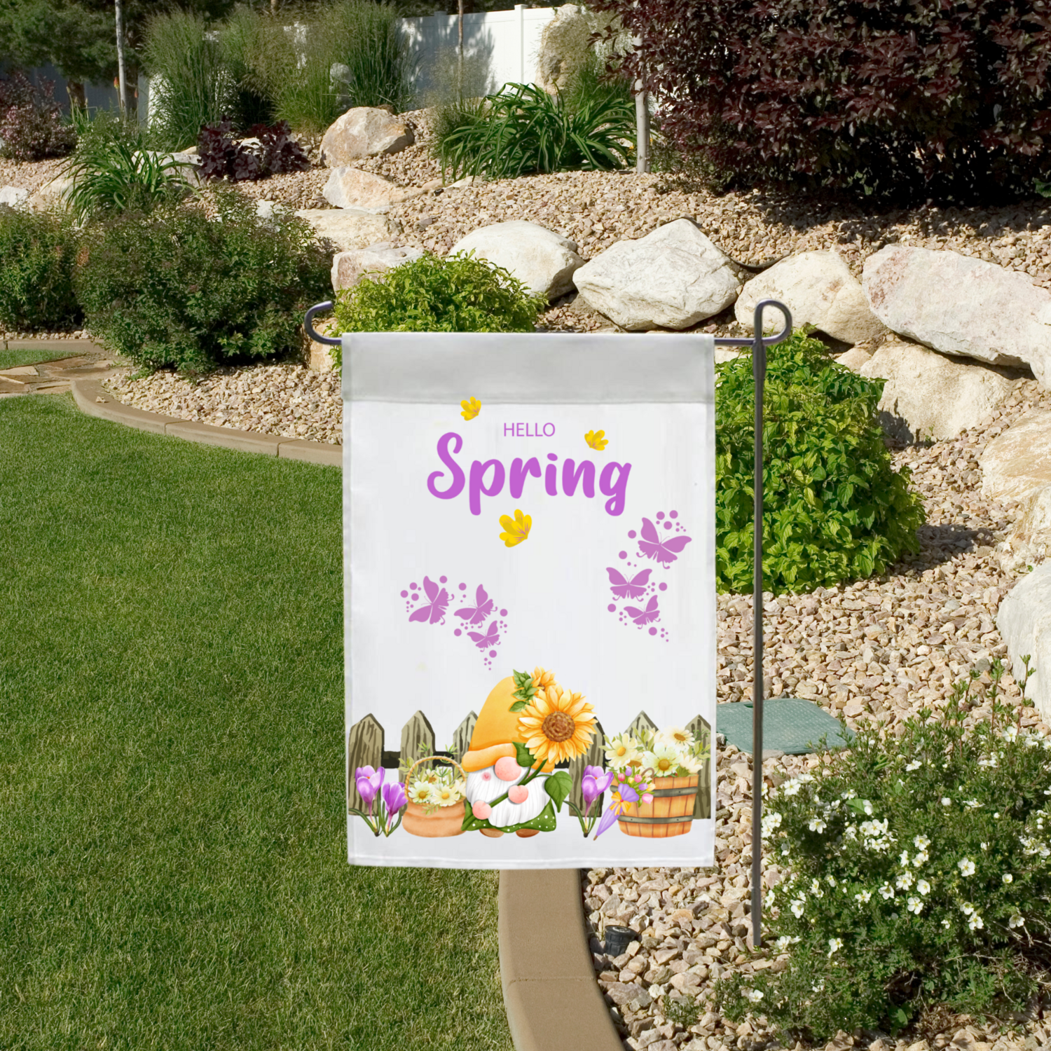 Purple and Yellow Hello Spring Sunflower Gnome, Garden Flag